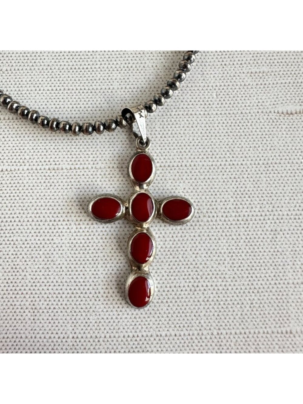 Vintage Sterling Silver Red Coral Cross Pendant Six Stone Bezel Set Religious